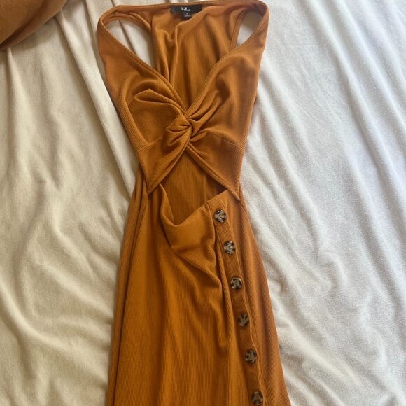Lulu's, Trend Seeker Orange ribbed Twist front Cutout midi-dress, small - Picture 1 of 2